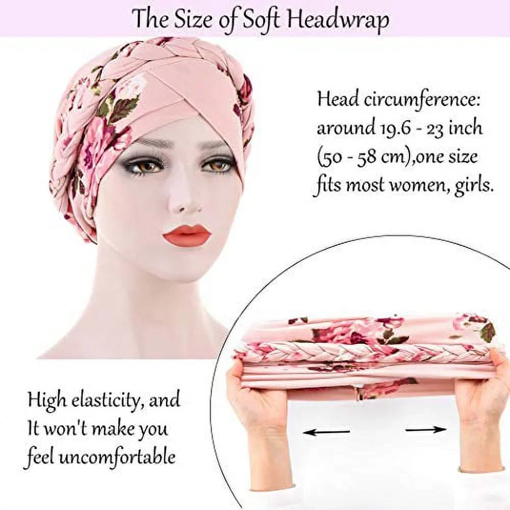 Woeoe African Turban Head Wrap Pink Pattern Head Scarf Soft Flower Print Head Wrap Cap Headwear for Women and Girls(Pack of 2)