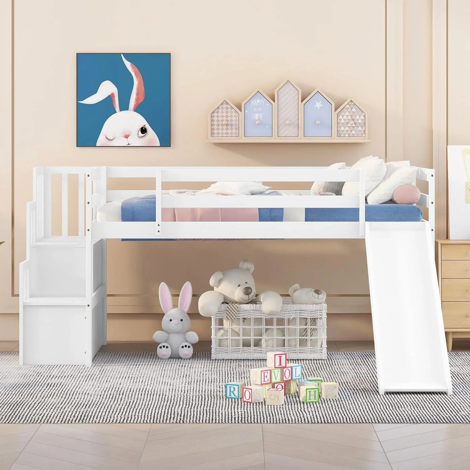 NLTBONNIE Harper &amp; Bright Designs Low Loft Bed with Slide and Wood Twin Size Loft Bed Frame with Stairs Safety Rail for Toddlers Teens No Box Spring Needed (White)