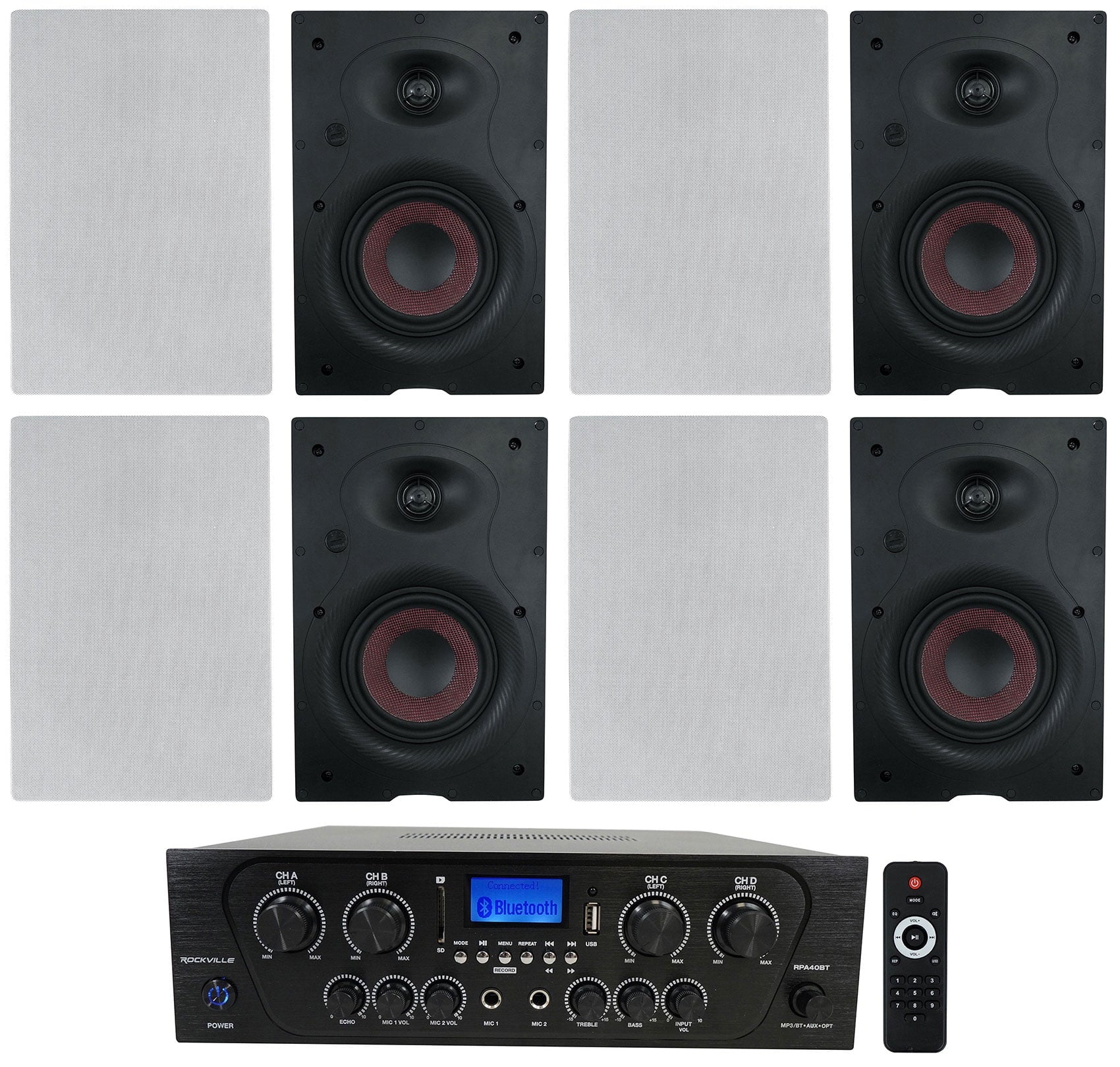 Rockville RPA40BT 4-Room/Zone Home Audio Kit w/Receiver+(8) In-Wall Speakers