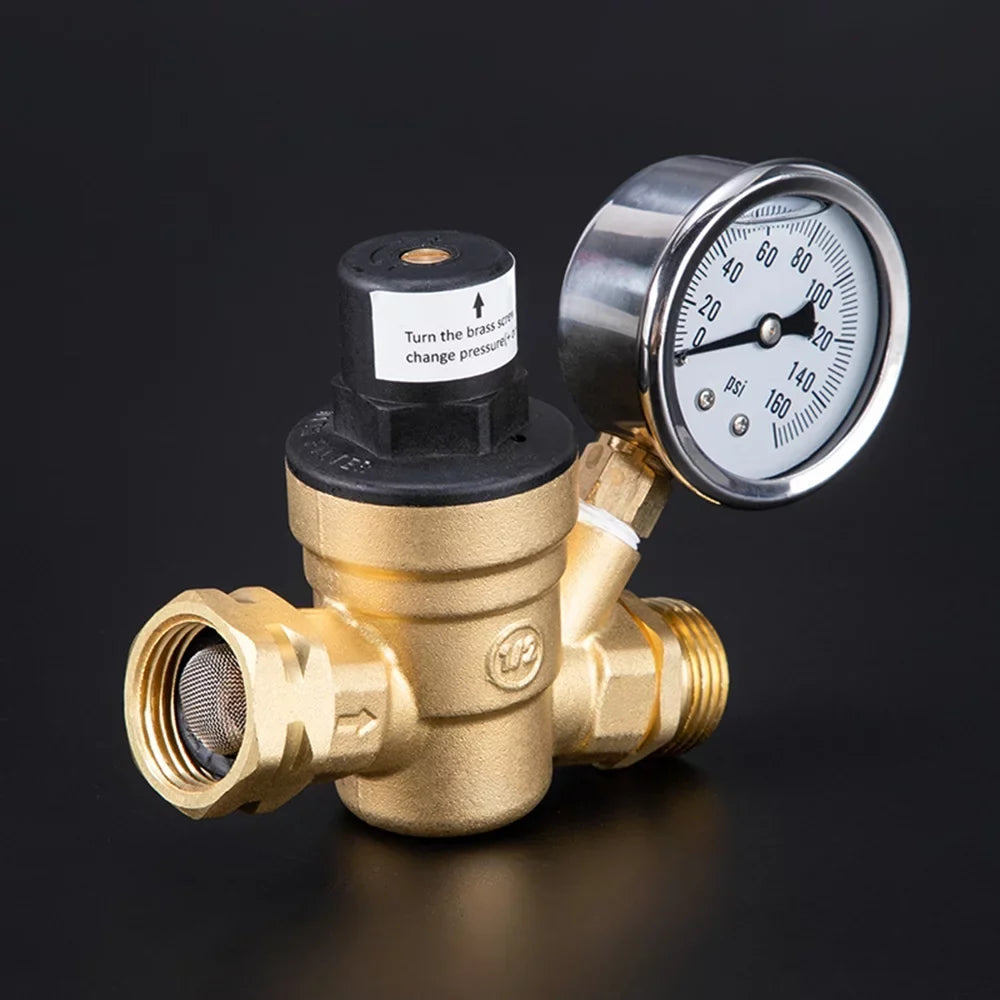 moobody Brass Water Pressure Regulator Valve for RV Travel Trailer, Adjustable Reducer with Gauge and Inlet Screened Filter