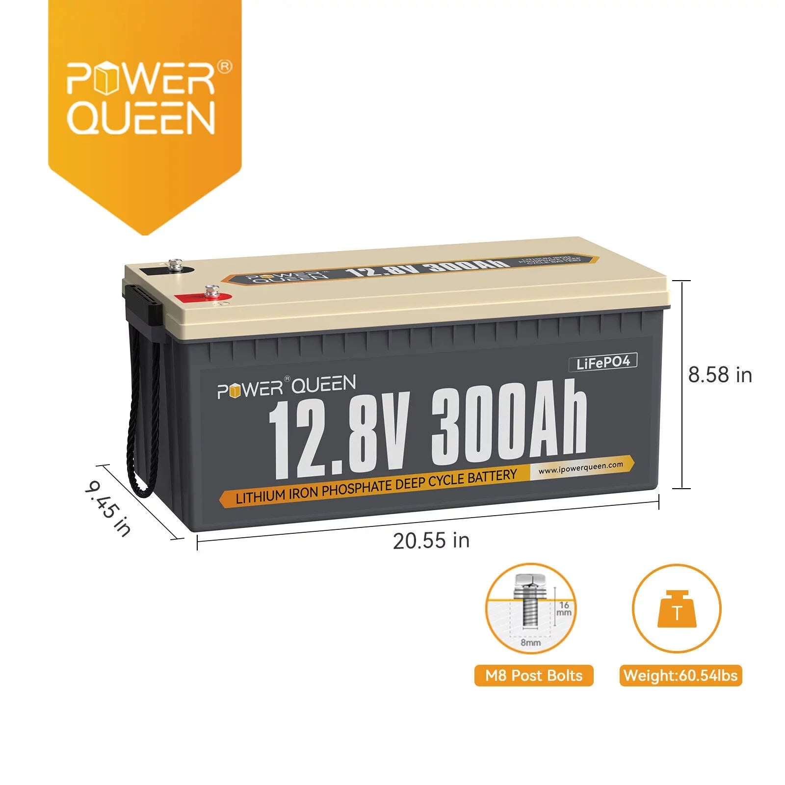 Power Queen 12V 300Ah LiFePO4 Lithium Battery Built-in 200A BMS for Solar RV Marine Off-Grid