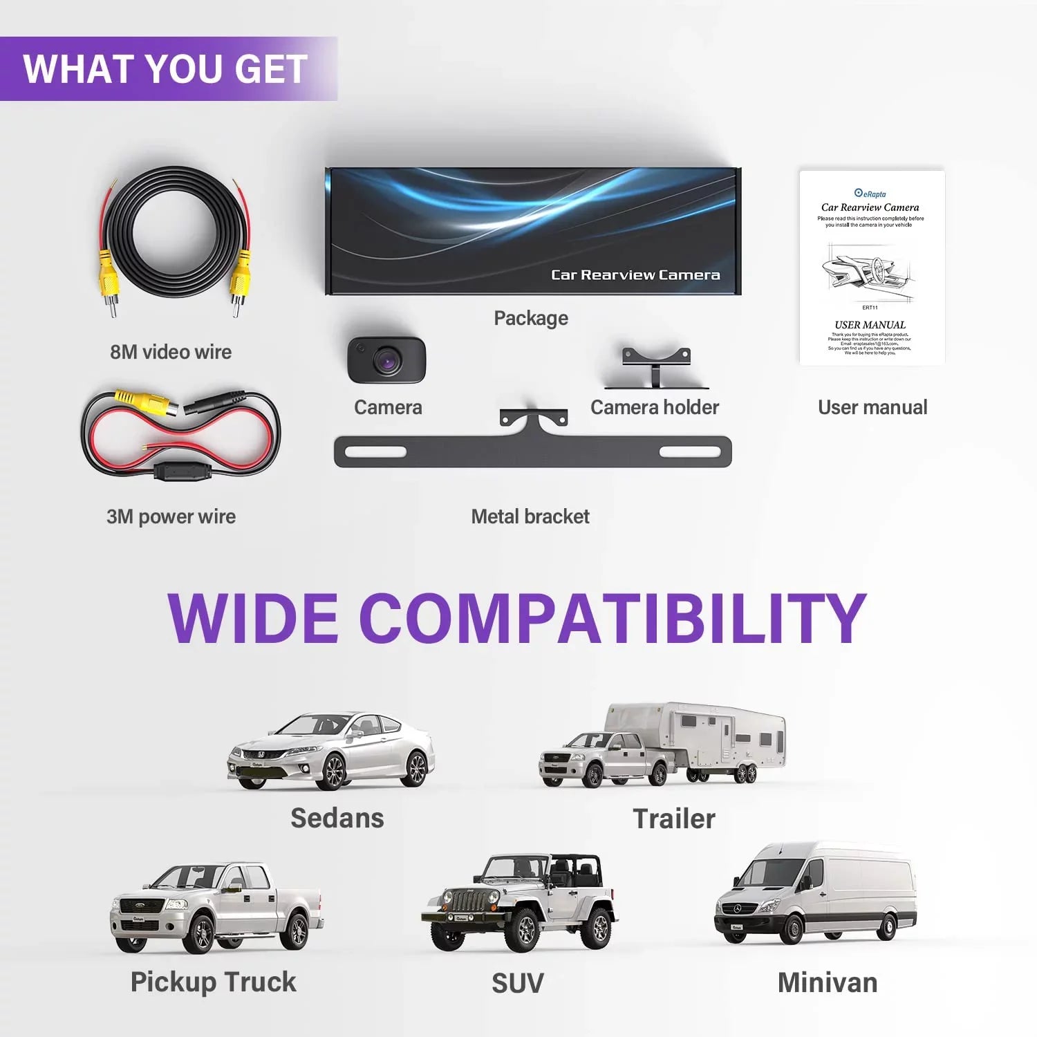 eRapta ERT11 Backup Camera, Rear View Reverse Camera for Car Truck Pickup SUV RV Van HD License Plate Front Rear Camera