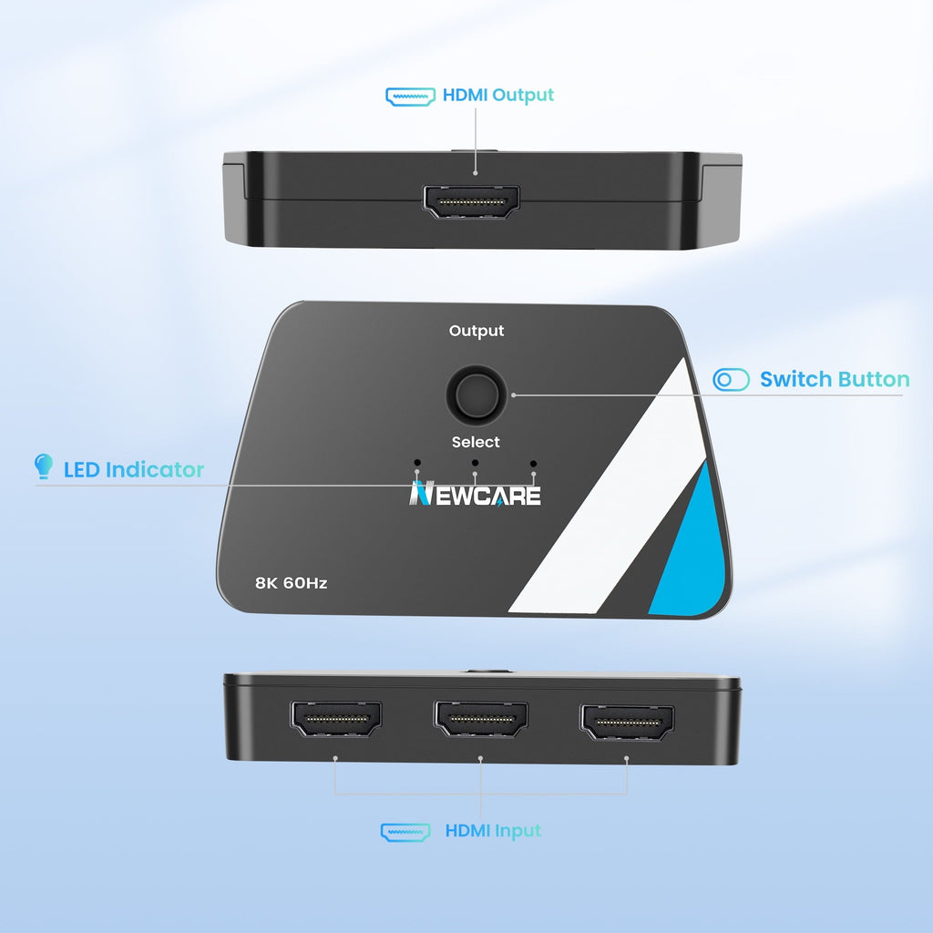 NEWCARE 8K@60Hz HDMI 2.1 Switch 3 in 1 Out, 4K@120Hz HDMI Splitter Switch Box with 2.6 ft HDMI 2.1 Cable, 3 Port HDMI Switcher Selector Supports HDR Dolby Atmos 3D for NS PS4/PS5 Xbox Roku Fire Stick