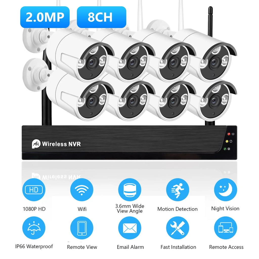 MIXFEER 8CH 1080P Wireless Camera System, 8Channel 1080P CCTV NVR + 8PCS 1080P 2.0MP Indoor Outdoor IP Cameras with Night Vision, Motion Alert, Tuya Smart App Remote Access, No Hard Drive