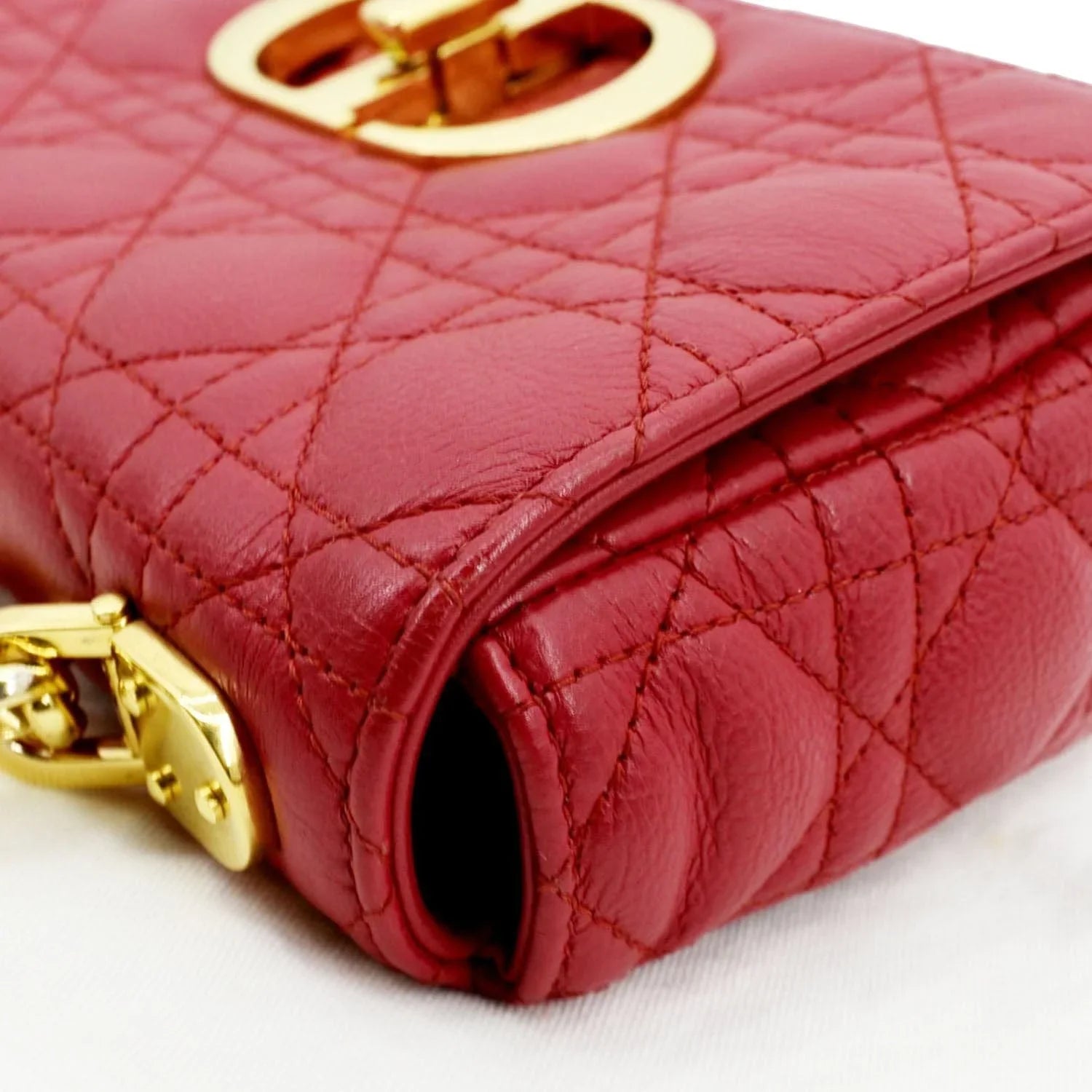 Pre-owned CHRISTIAN DIOR Caro Cannage Calfskin Leather Shoulder Bag Red