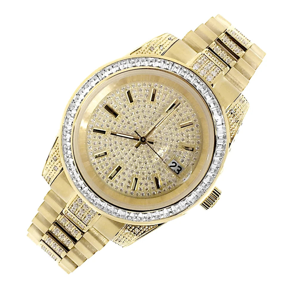 Unisex 18k Yellow Gold Finish Stainless Steel Simulated Diamond Presidential Watch 41MM New Tarnish Free