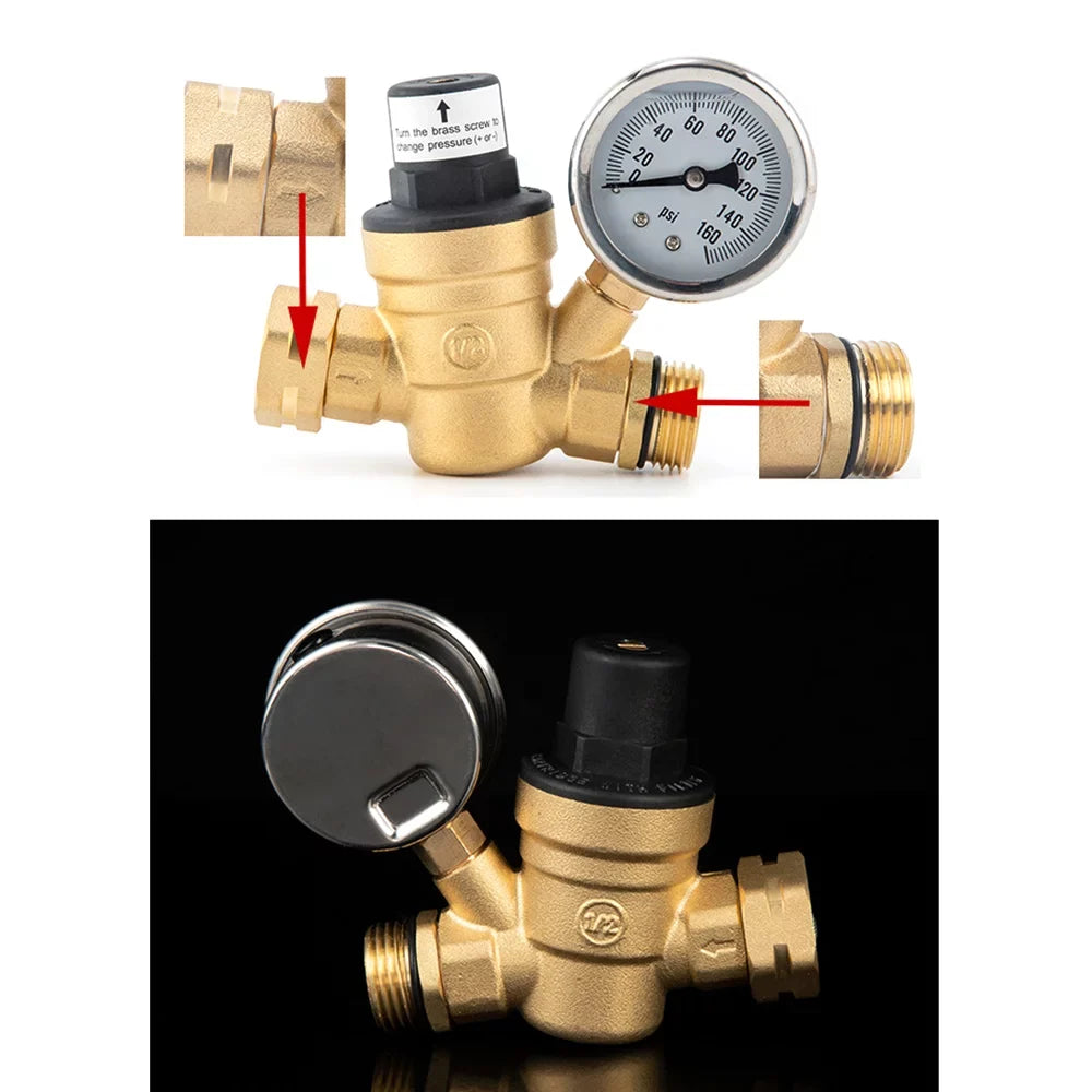 moobody Brass Water Pressure Regulator Valve for RV Travel Trailer, Adjustable Reducer with Gauge and Inlet Screened Filter