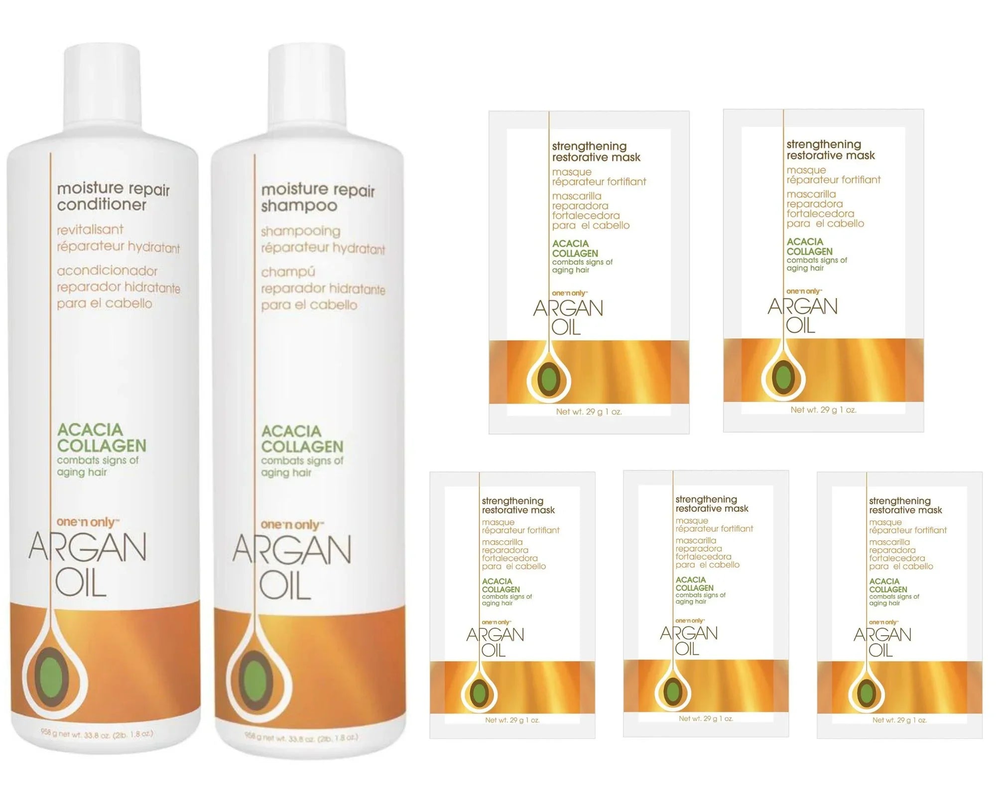 ONE N ONLY - Argan Oil - Moisture Repair (Shampoo+Conditioner) 33.8oz + Restorative Mask 5 Pack