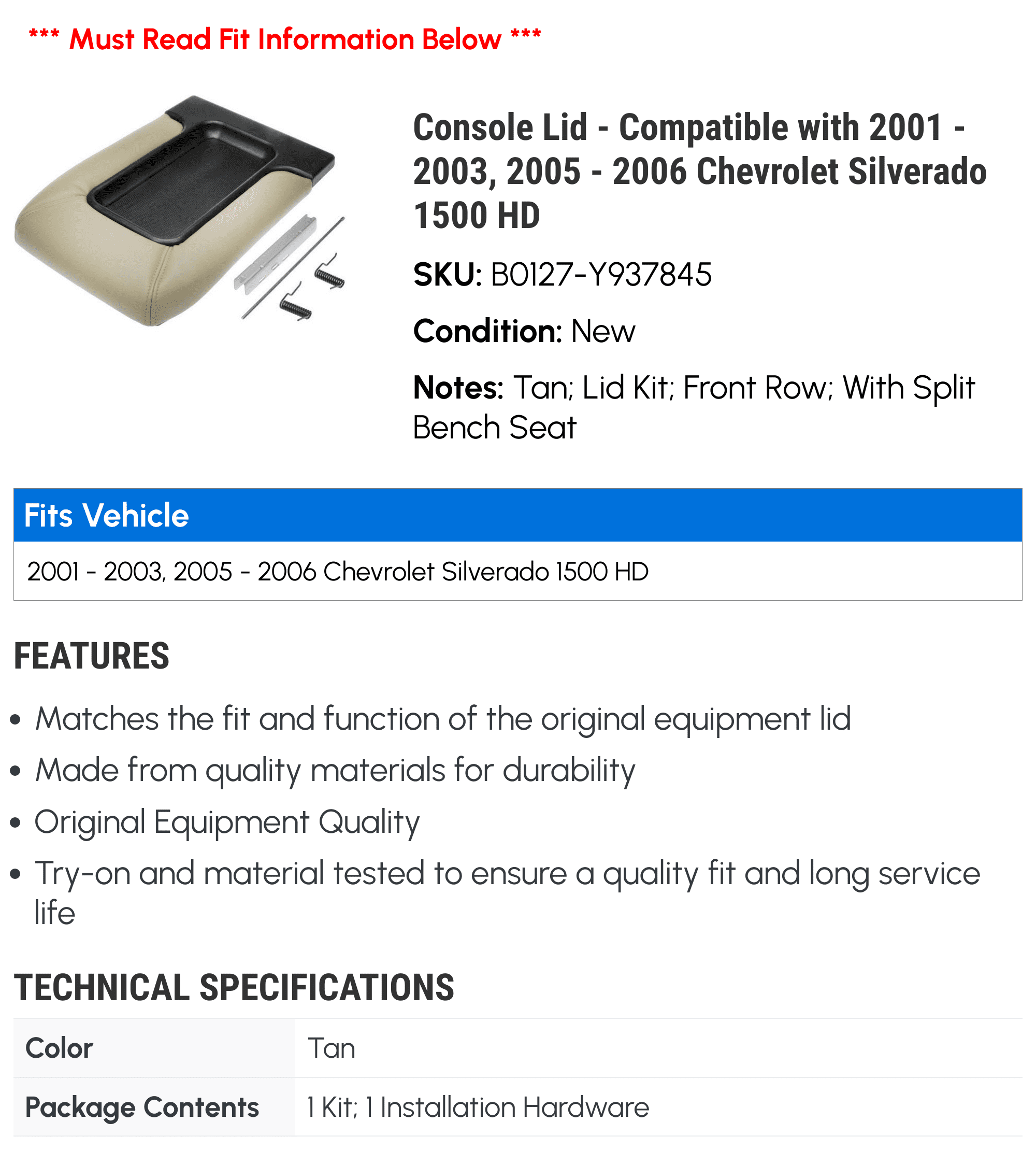Console Lid - Fitting with 2001 - 2003, 2005 - 2006 Chevy Silverado 1500 HD 2002