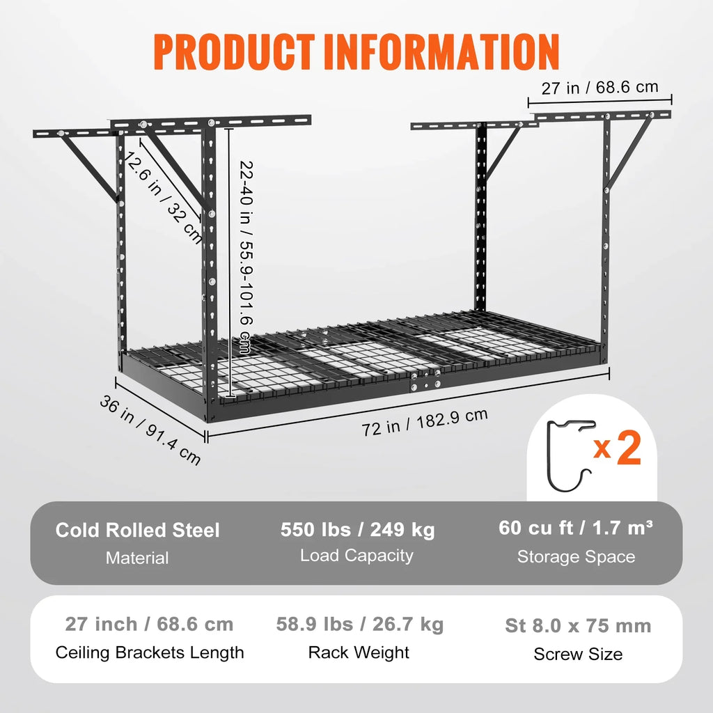 SKYSHALO Overhead Adjustable Garage Storage Rack 36x72" Ceiling Rack 550 lbs Black