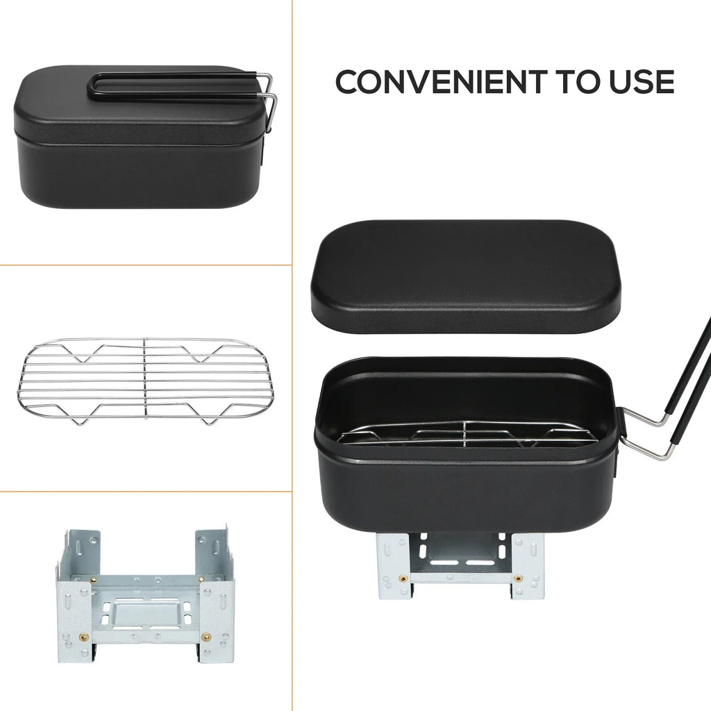 FlyFlise 4pcs Cookware Mess Kit 800ml Camping Lunch Box with Alcohol Stove Steaming Rack Cutting Board for Backpacking Hiking Fishing Mountaineering