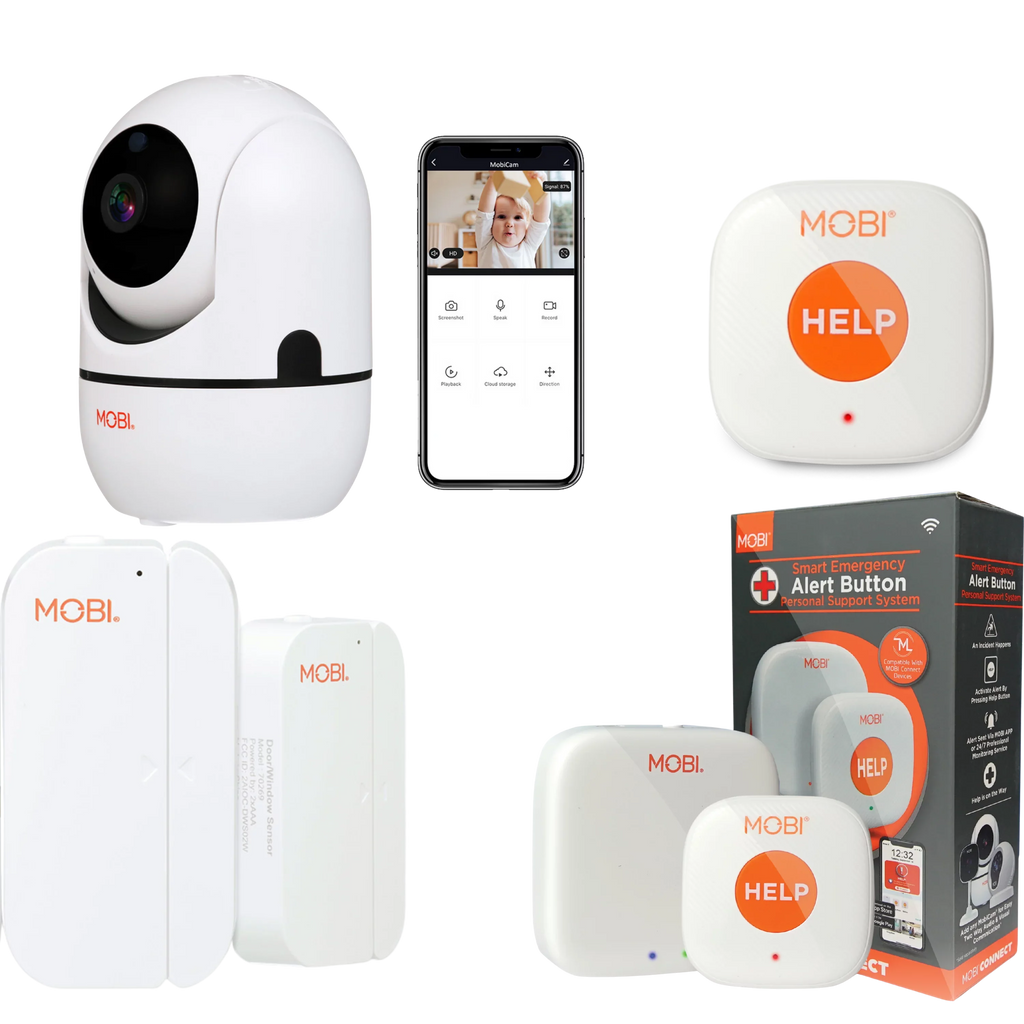 MOBI Connect Premium Whole Home Wireless Safety Kit Comes With 2 SOS Emergency Life Alert Buttons, 1 Smart Hub, 2 Door/Window Sensor, 1 HDX Camera – Fitting With iOS and Android
