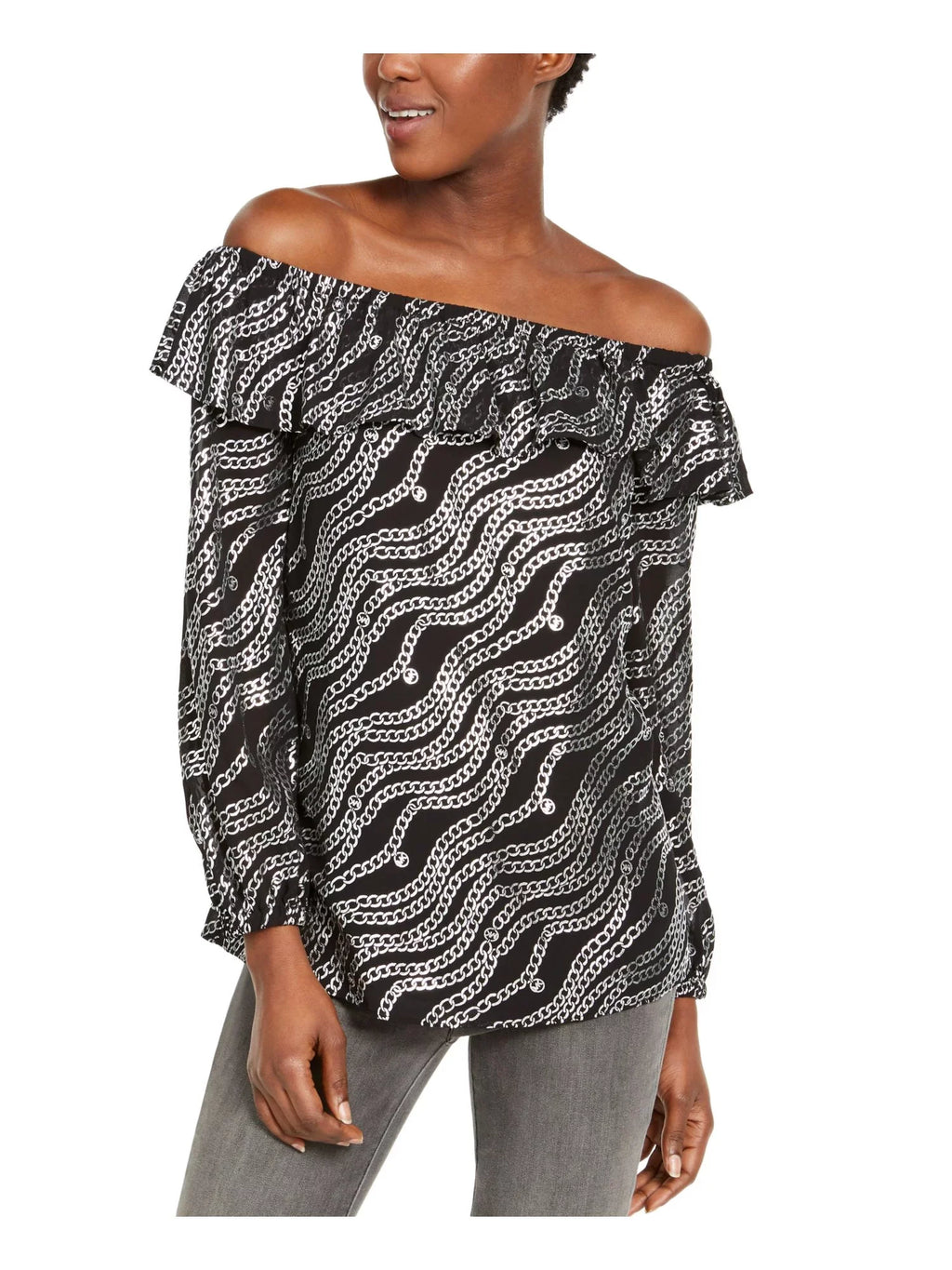 MICHAEL KORS Womens Black Off Shoulder Evening Peasant Top M