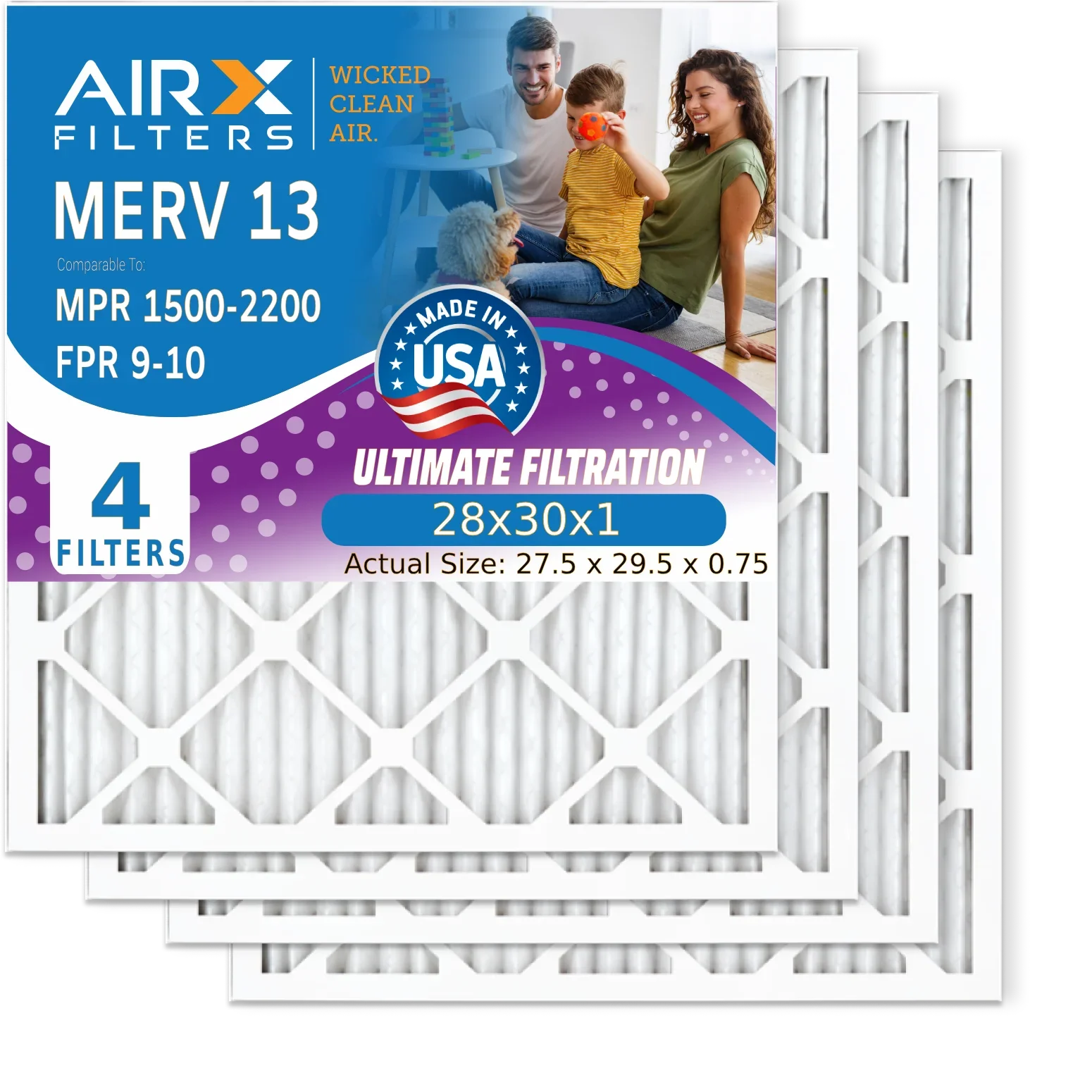 28x30x1 Air Filter MERV 13 Comparable to MPR 1500 - 2200 & FPR 9 Electrostatic Pleated Air Conditioner Filter 4 Pack HVAC AC Premium USA Made 28x30x1 Furnace Filters by AIRX FILTERS WICKED CLEAN AIR.