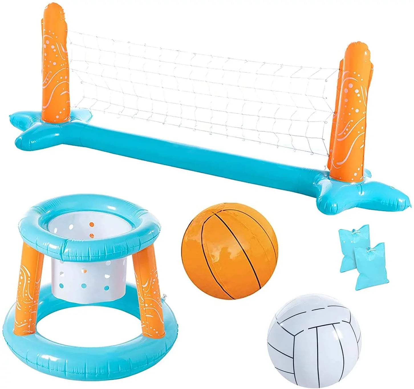 Blossom Pool Basketball Hoop and Pool Volleyball Set with Pool Net, Weight Bags - 2-in-1 Inflatable Floating Swimming Pool Games for Family | Light Blue