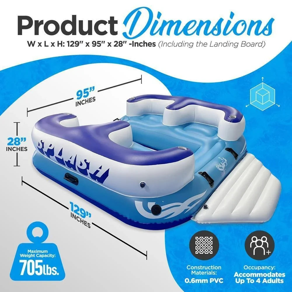 SereneLifeHome Inflatable 4- Person Floating Island Raft, Party Island Raft w/ 4 Drink Holders, Use for Lounging on Lake, Beach River or Pool