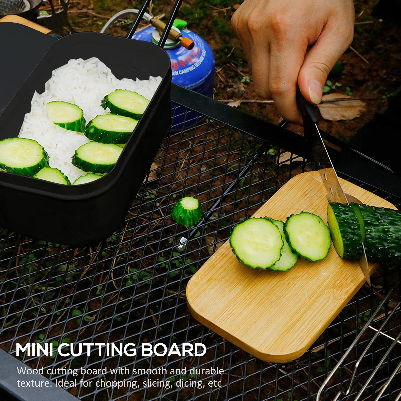 FlyFlise 4pcs Cookware Mess Kit 800ml Camping Lunch Box with Alcohol Stove Steaming Rack Cutting Board for Backpacking Hiking Fishing Mountaineering