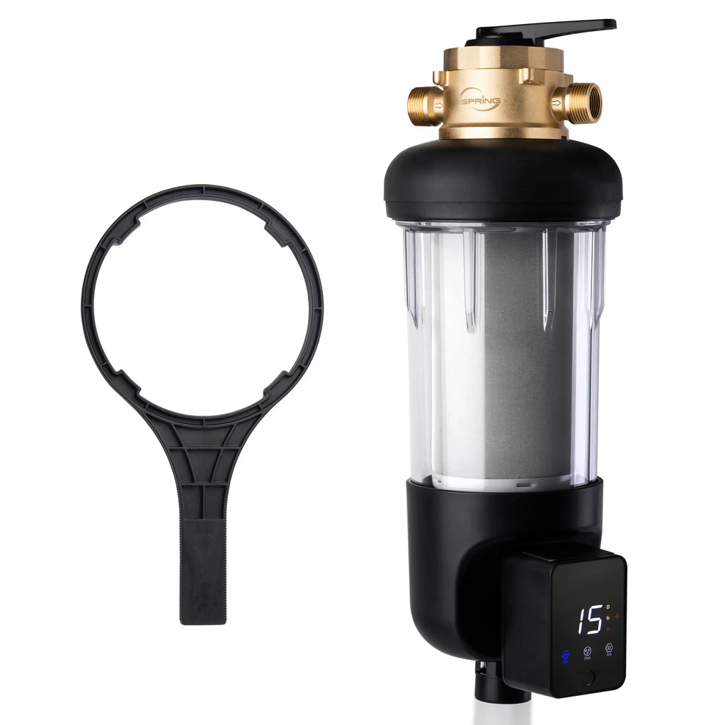 iSpring WSP500ARJ-BP Whole House Prefilter, Spin-Down Sediment Water Filter with Bypass, Upgraded Clear Housing, Jumbo Size, Flushable and Reusable, Touch-Screen Auto Flushing, 4 Modes, 500 Microns