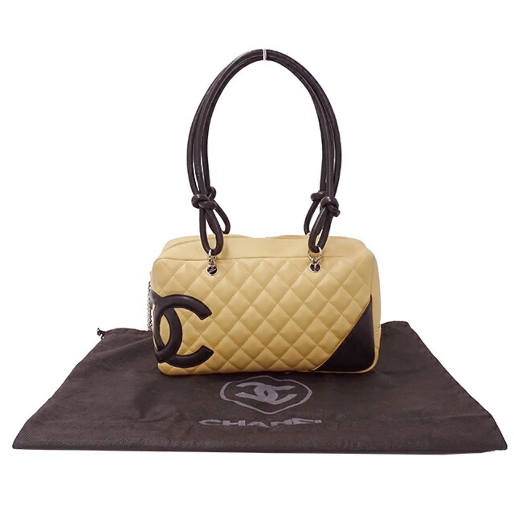 Pre-Owned CHANEL Bag Cambon Women's Handbag Lambskin Beige Black (Fair)