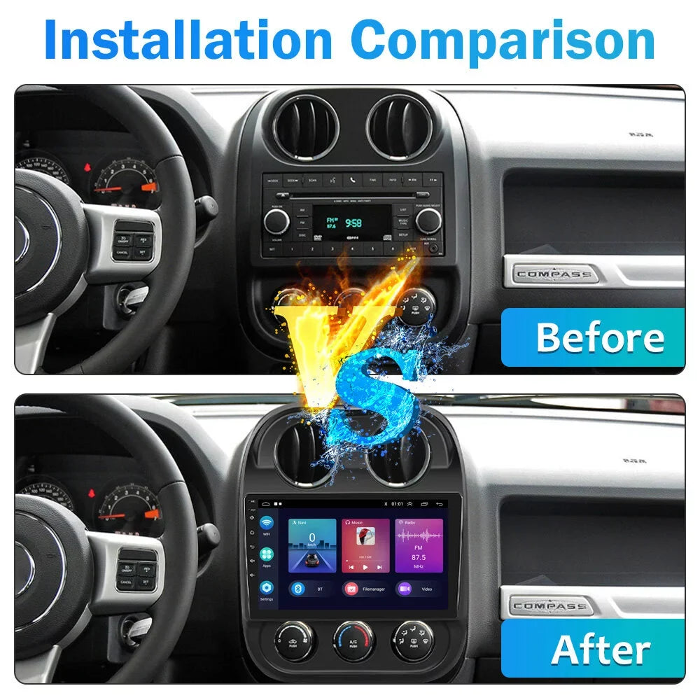 Podofo 2+64G for JEEP COMPASS 2010-2016 Vehicles Android 13 Wireless Carplay Android Auto Mirror Link 10'' Touchscreen Car Stereo Radio WIFI GPS FM Bluetooth Hifi USB,AHD Backup Camera