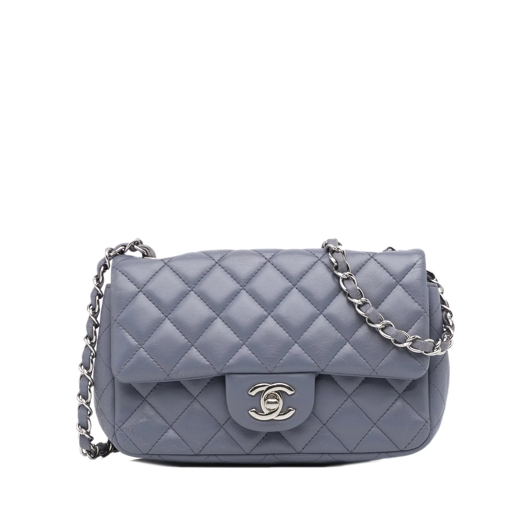 Pre-Owned Authenticated Chanel Mini Classic Lambskin Rectangular Single Flap Leather Gray Crossbody Bag Unisex (Fair)