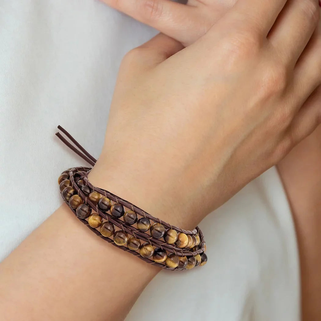 Stainless Steel 6mm Brown Beads and Leather Cord Multi Wrap Bracelet Jewelry Gifts for Women