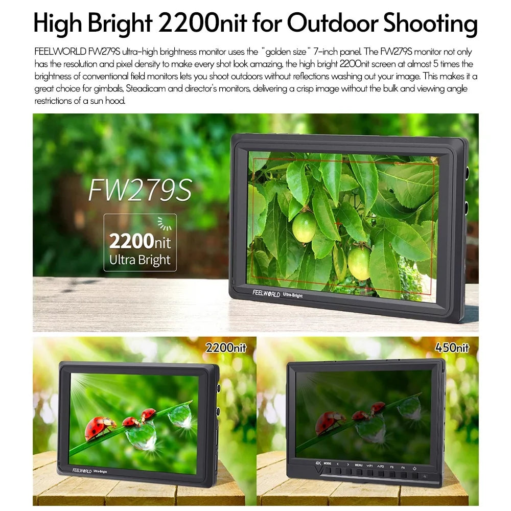 FEELWORLD FW279S 7 Inch 2200nit Ultra Bright Daylight Viewable Field Monitor Thin Design 3G-SDI 4K Input Output 1920*1200 IPS Panel for Outside / Viewable Even in Direct Sunlight