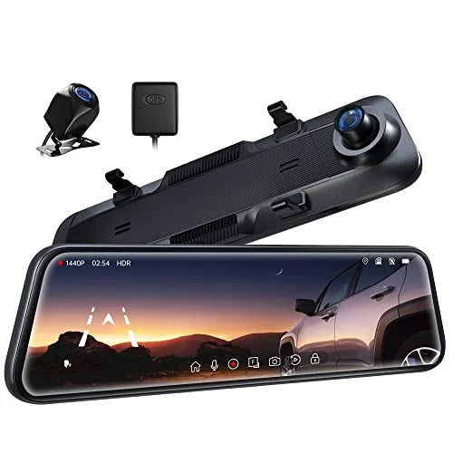 Pelsee P12 2.5K Mirror Dash Cam, 12'' 1440P QHD Front and Rear View Mirror Camera, Dual Dash Cam for Cars and Trucks, Night Vision, Voice Control, Parking Assistance, Reversing Assistance