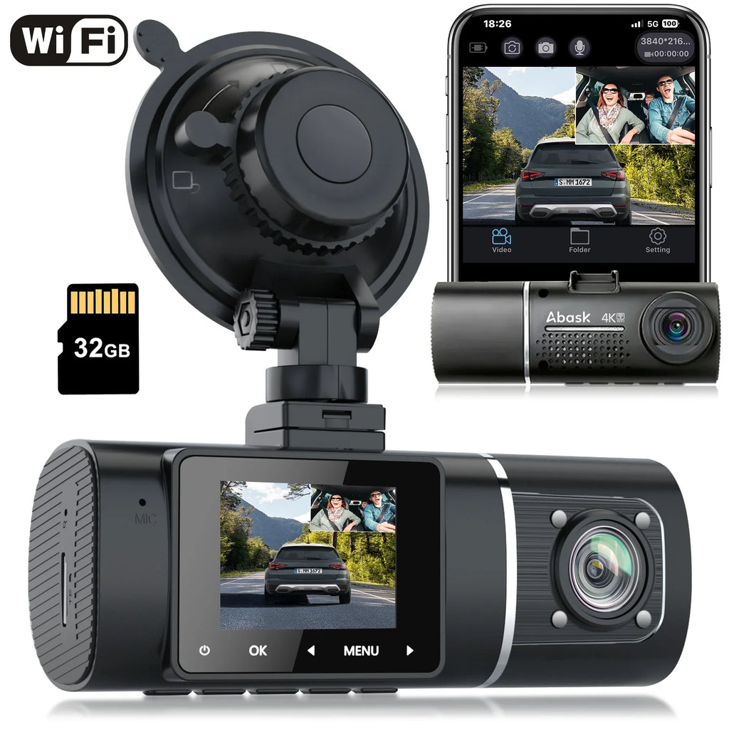 Abask J05 PRO DashCam 4K WiFi - Car Camera Front and Inside with Infrared Night Vision, 24H Parking Monitoring, Motion Sensor, 310° Wide Angle, G-Sensor, Loop Recording, HDR, Up to 128 GB