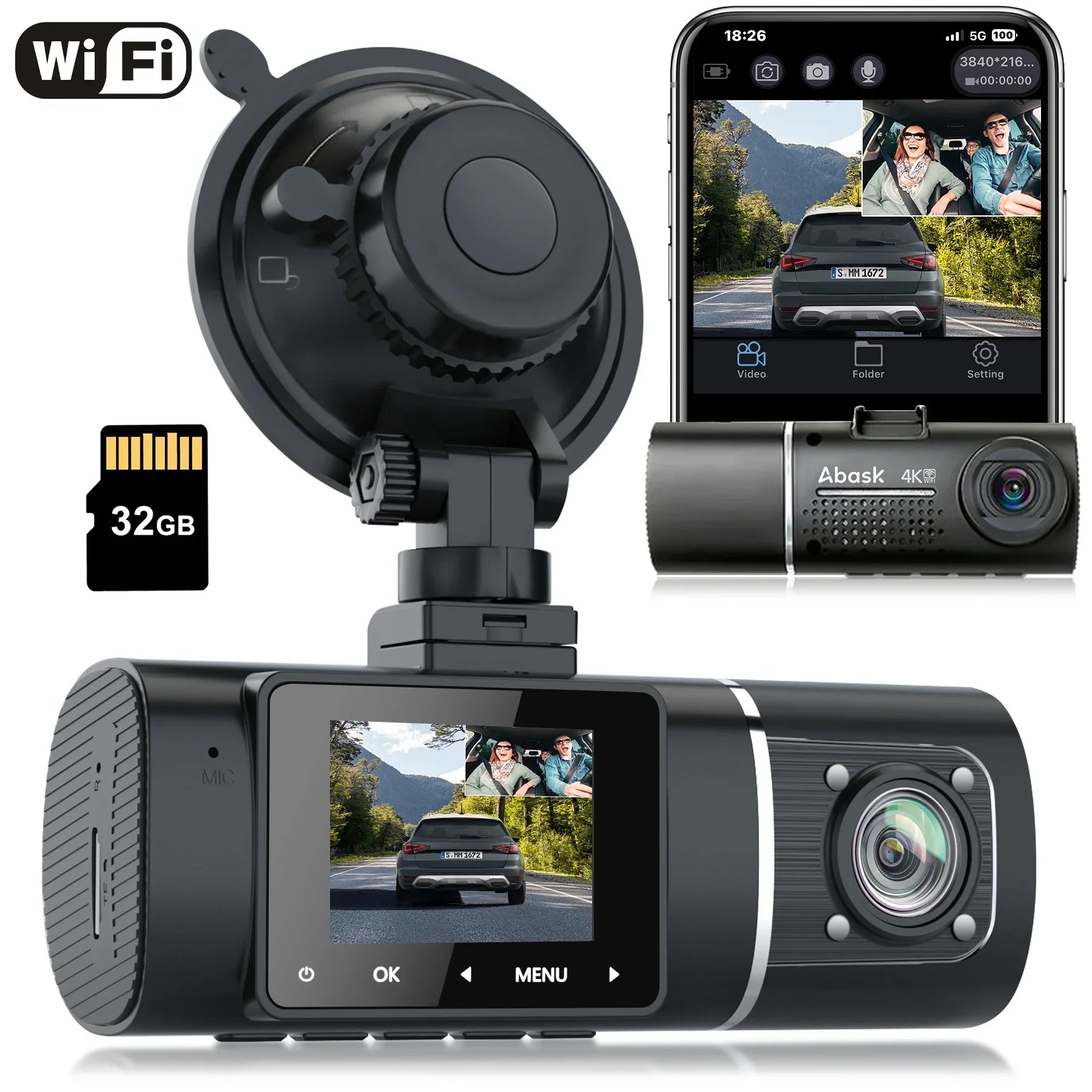 Abask J05 PRO DashCam 4K WiFi - Car Camera Front and Inside with Infrared Night Vision, 24H Parking Monitoring, Motion Sensor, 310° Wide Angle, G-Sensor, Loop Recording, HDR, Up to 128 GB