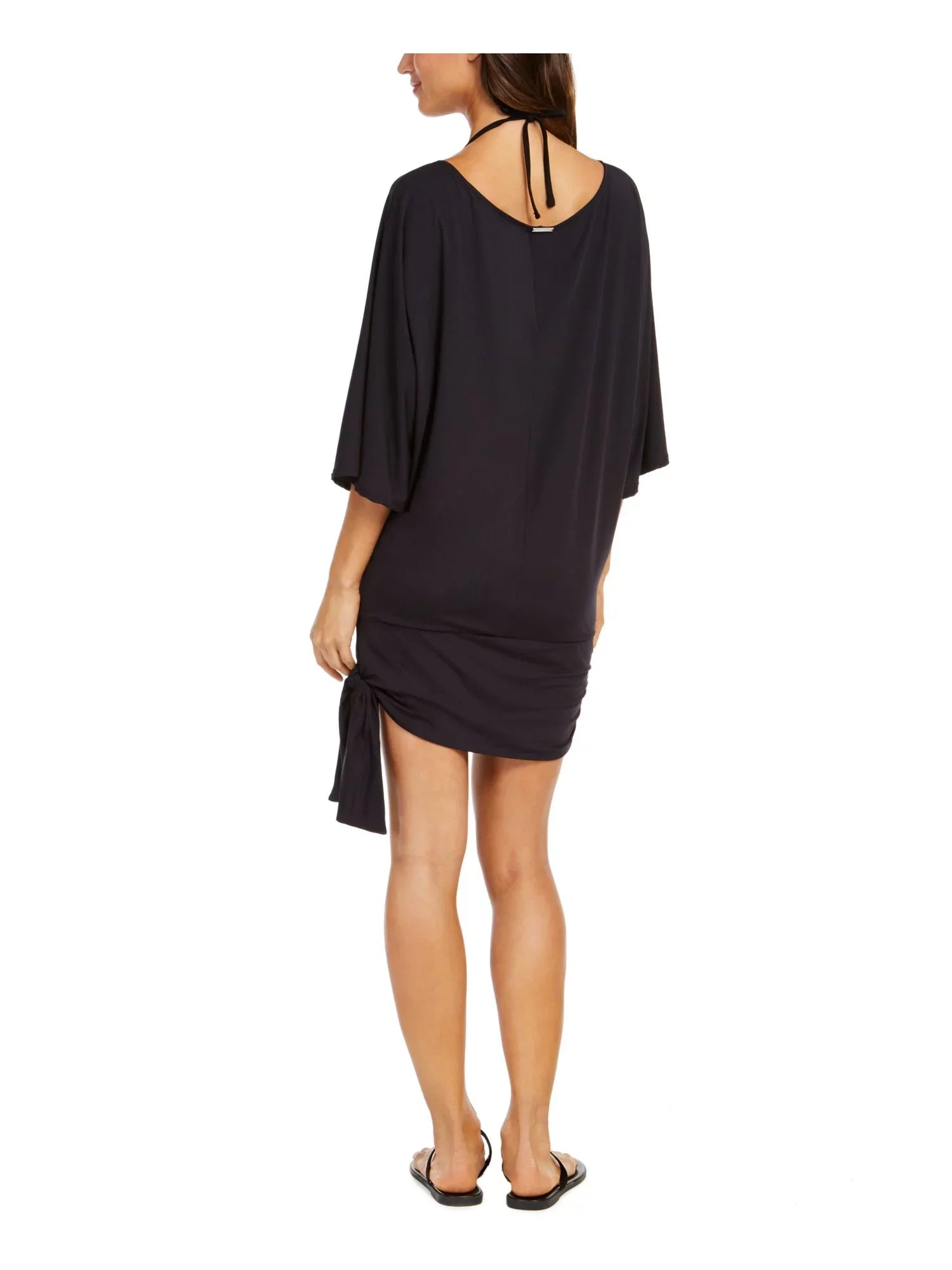 MICHAEL MICHAEL KORS Women's Black Stretch Pullover Dress Side Tie Scoop Neck Swimsuit Shield Up S