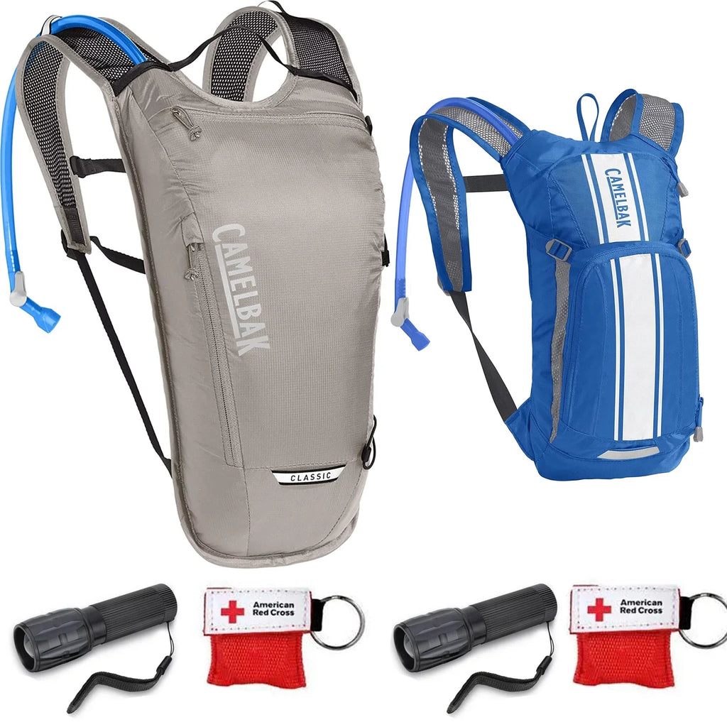 CamelBak Classic Light Bike Hydration Pack 70oz Aluminum/Black for Outdoor Lifestyle and CAMELBAK Mini M.U.L.E.( 50 oz Blue/White Stripe) - Bundle Kit