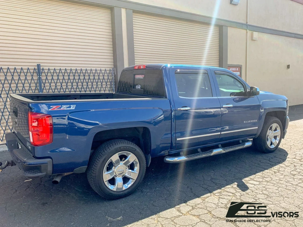 Extreme Online Store Fits ALL 2014-2018 Chevrolet Silverado 1500 Crew Cab Models | EOS Visors IN-CHANNEL Style SMOKE TINTED Side Vents Window Deflectors Rain Guards