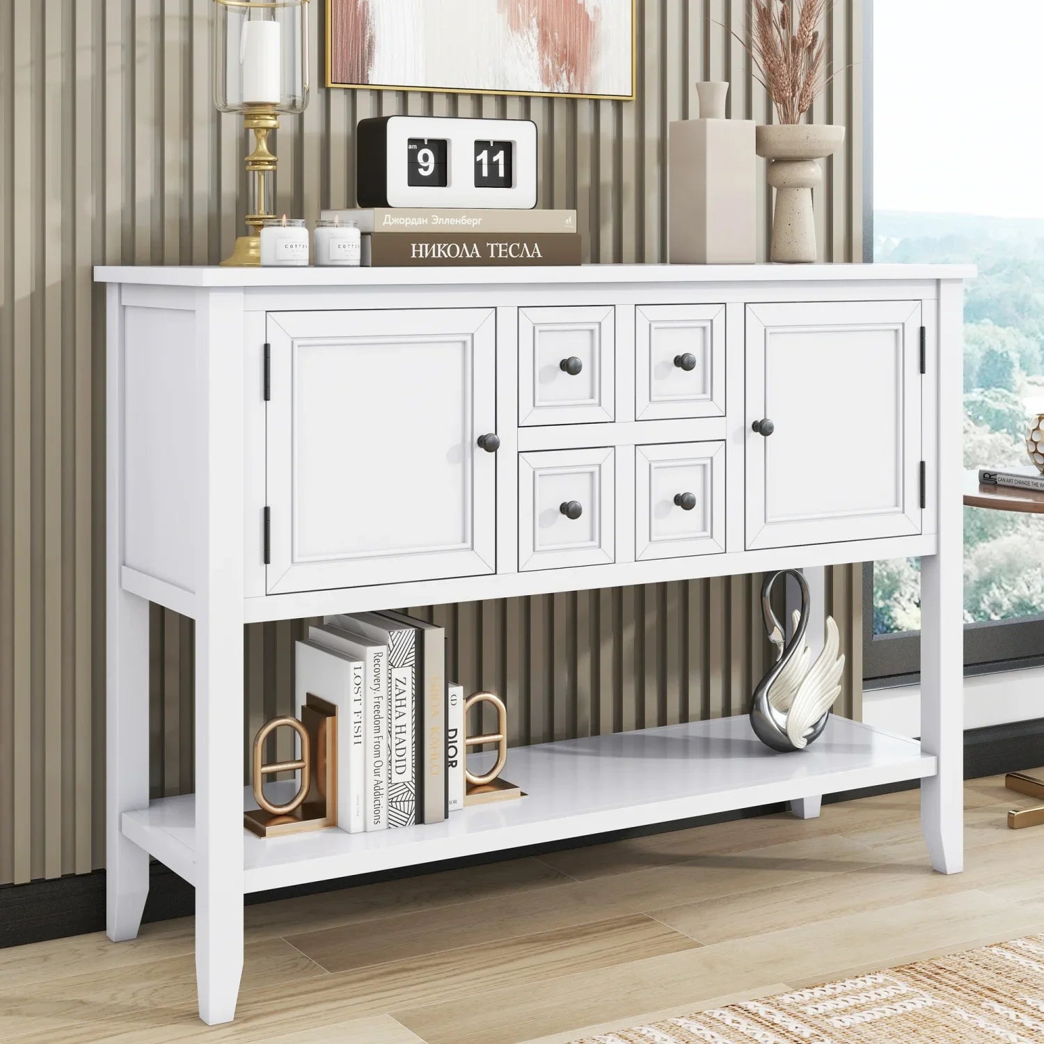 TREXM Cambridge Series Ample Storage Vintage Console Table with Four Small Drawers and Bottom Shelf for Living Rooms Entrances and Kitchens (Light Navy OLD SKU WF190263AAH)