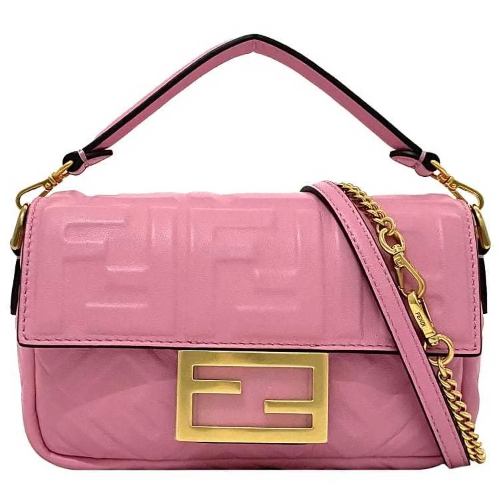 Pre-Owned Fendi Baguette Small Pink Gold 8BS017 Leather GP FENDI Shoulder Bag FF Embossed Ladies Chain (Like New)