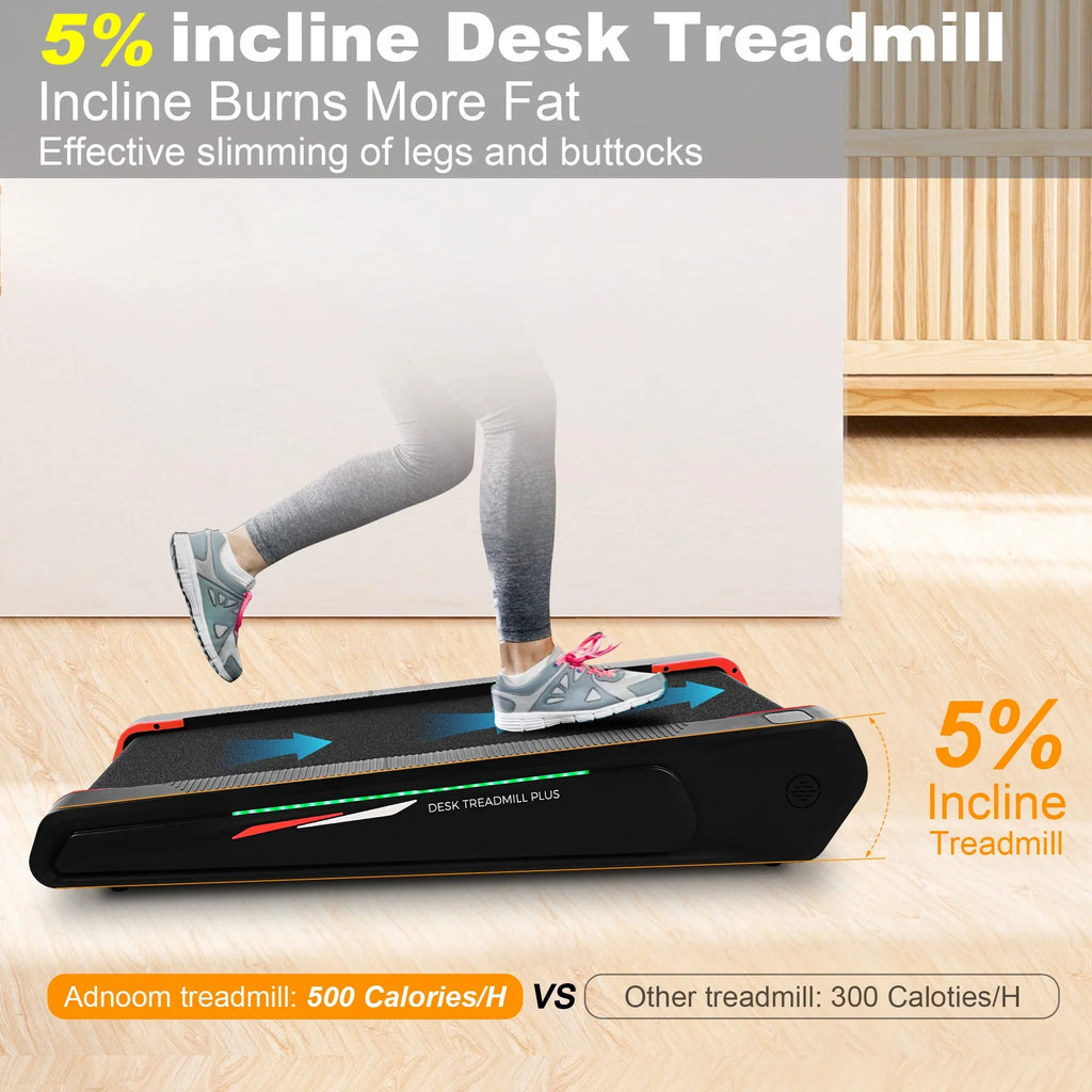 Tikmboex Walking Pad Treadmill with 5% Incline, 2.5HP Under Desk Treadmil with Remote and Unique Lamp Strip Design for Walking Running, Black & Red 300 Lbs Capacity