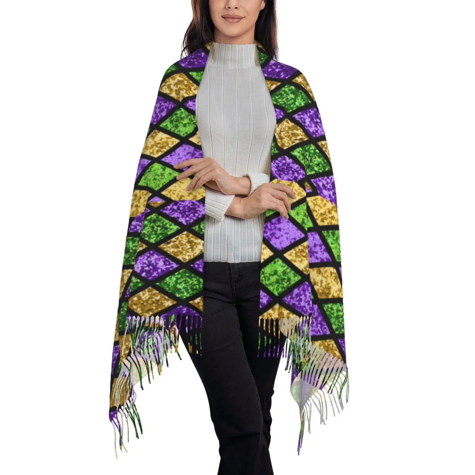 Bingfone Soft Cashmere Feel Scarf For Women Elegant Art Print Winter Warm Scarves Large Shawl Wrap Gifts- Mardi Gras Shiny Green Purple