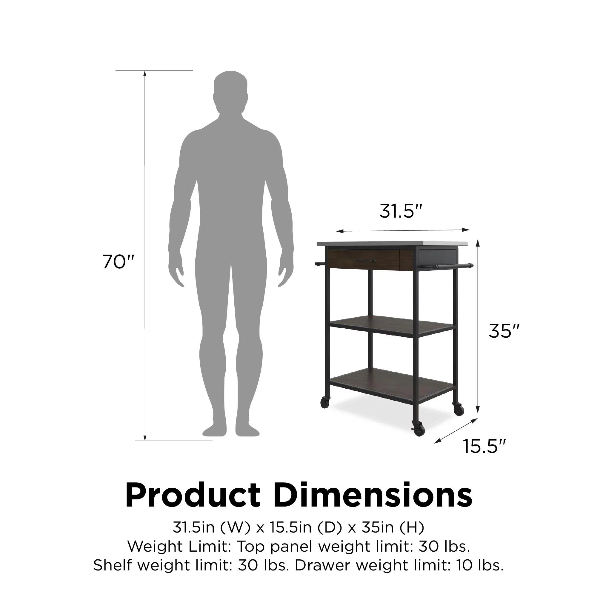 DHP Kane Kitchen Cart, Black Metal Frame, Stainless Steel Counter Top, Pantry Storage, Brown