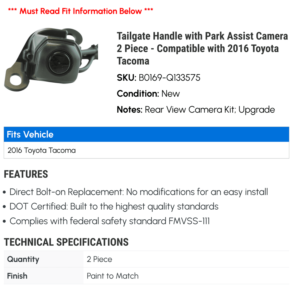 Tailgate Handle with Park Assist Camera 2 Piece - Fitting with 2016 Toyota Tacoma