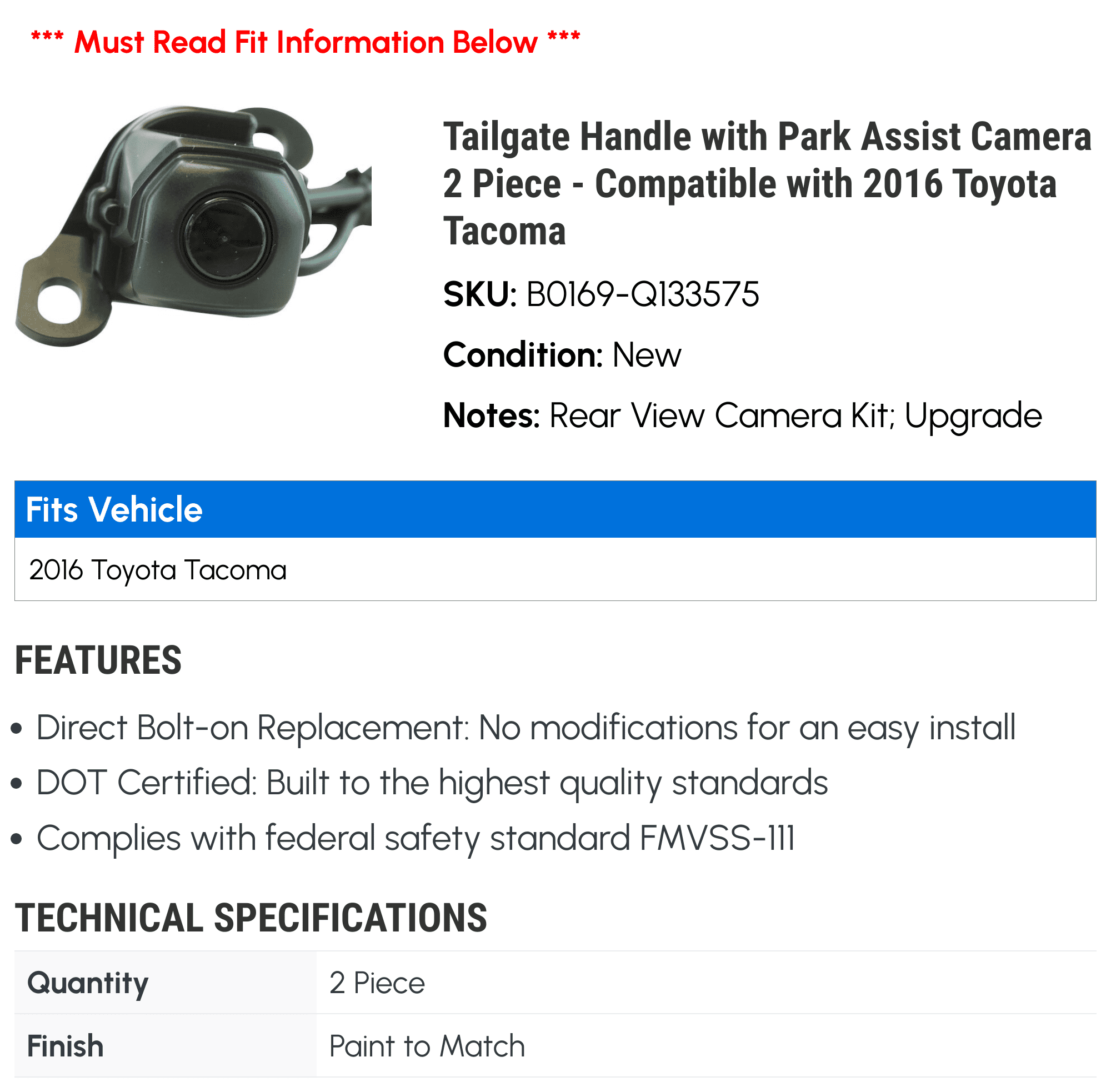 Tailgate Handle with Park Assist Camera 2 Piece - Fitting with 2016 Toyota Tacoma