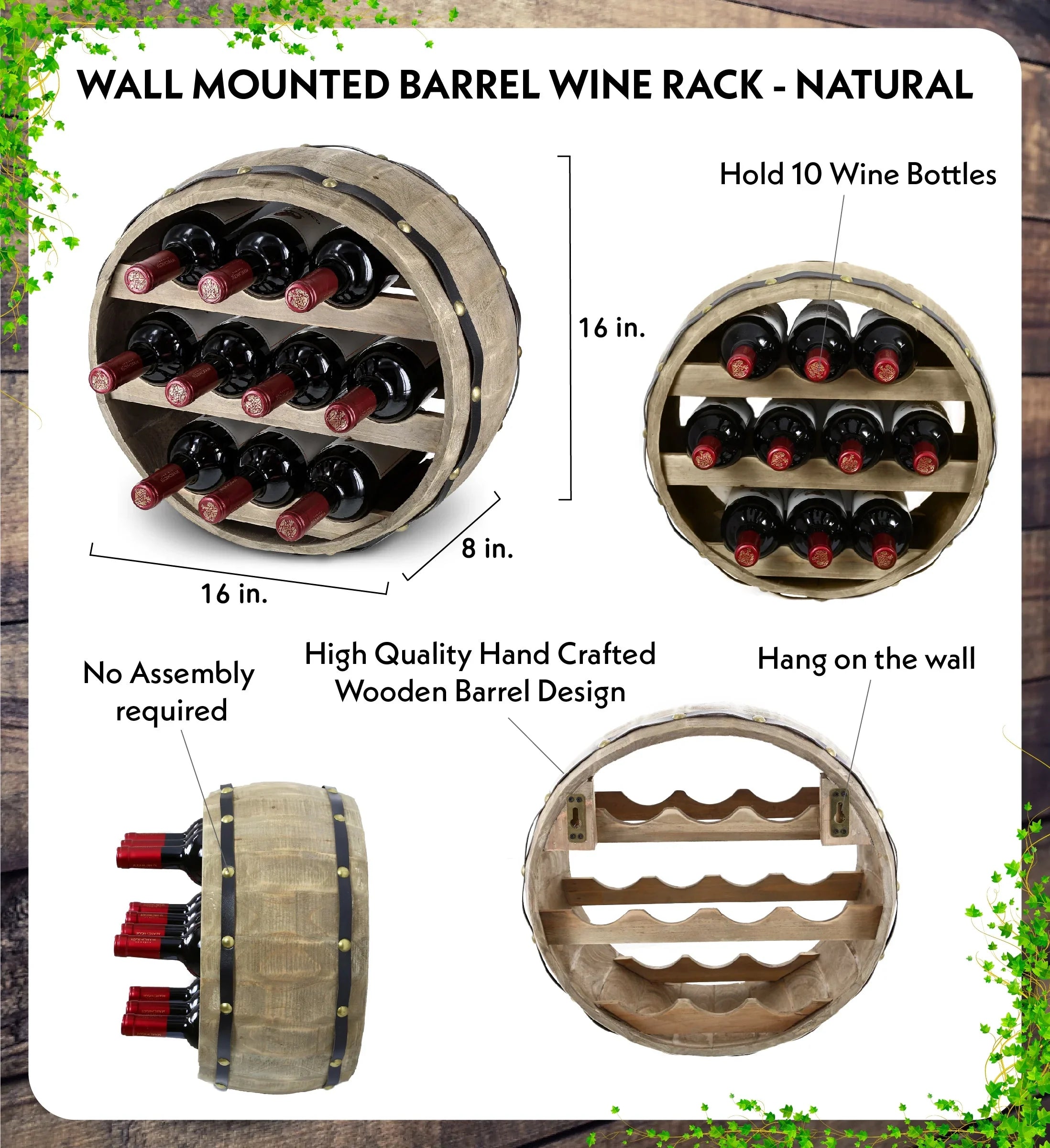Cota Global Barrell Natural Wood Wall Mounted Wine Rack