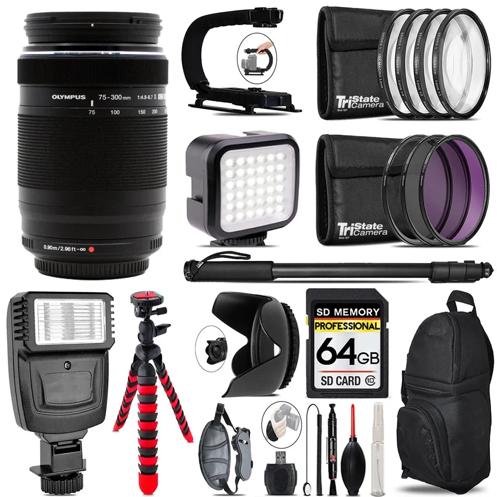 Olympus M.Zuiko Digital ED 75-300mm f/4.8-6.7 II Lens- Video Kit + Flash - 64GB Accessory Bundle