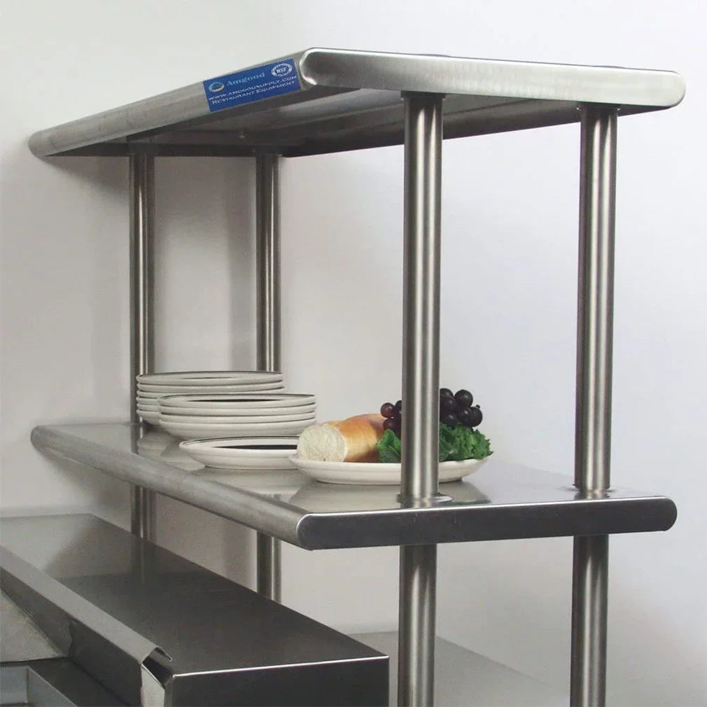24" x 60" Stainless Steel Work Table With Two Shelves | 18" Wide Double Tier Overshelf | Metal Kitchen Prep Table & Shelving Combo