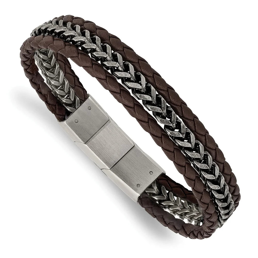 Primal Steel Stainless Steel Antiqued and Brushed Brown Leather with 0.5 Inch Extension Bracelet