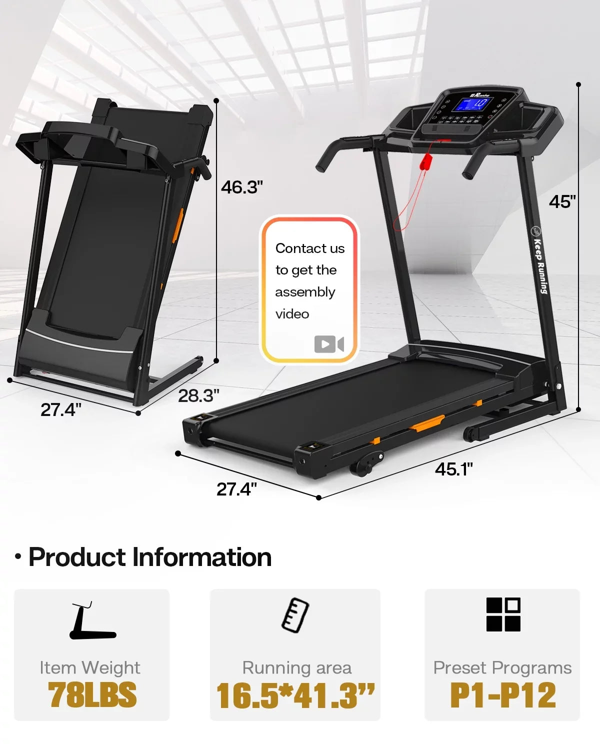 FYC Folding Treadmill for Home with Incline / Bluetooth, 3.5HP 330lb Weight Capacity Portable Electric Treadmill for Home Gym Exercise Running Walking Easy Assembly Orange