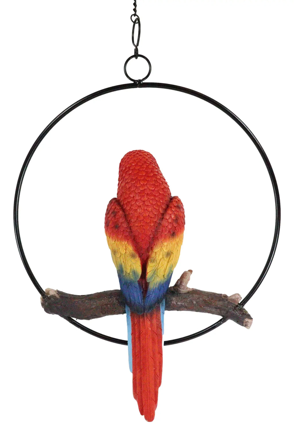 Ebros Hanging Scarlet Macaw Parrot Perching on Branch in Metal Round Ring 13.5"H