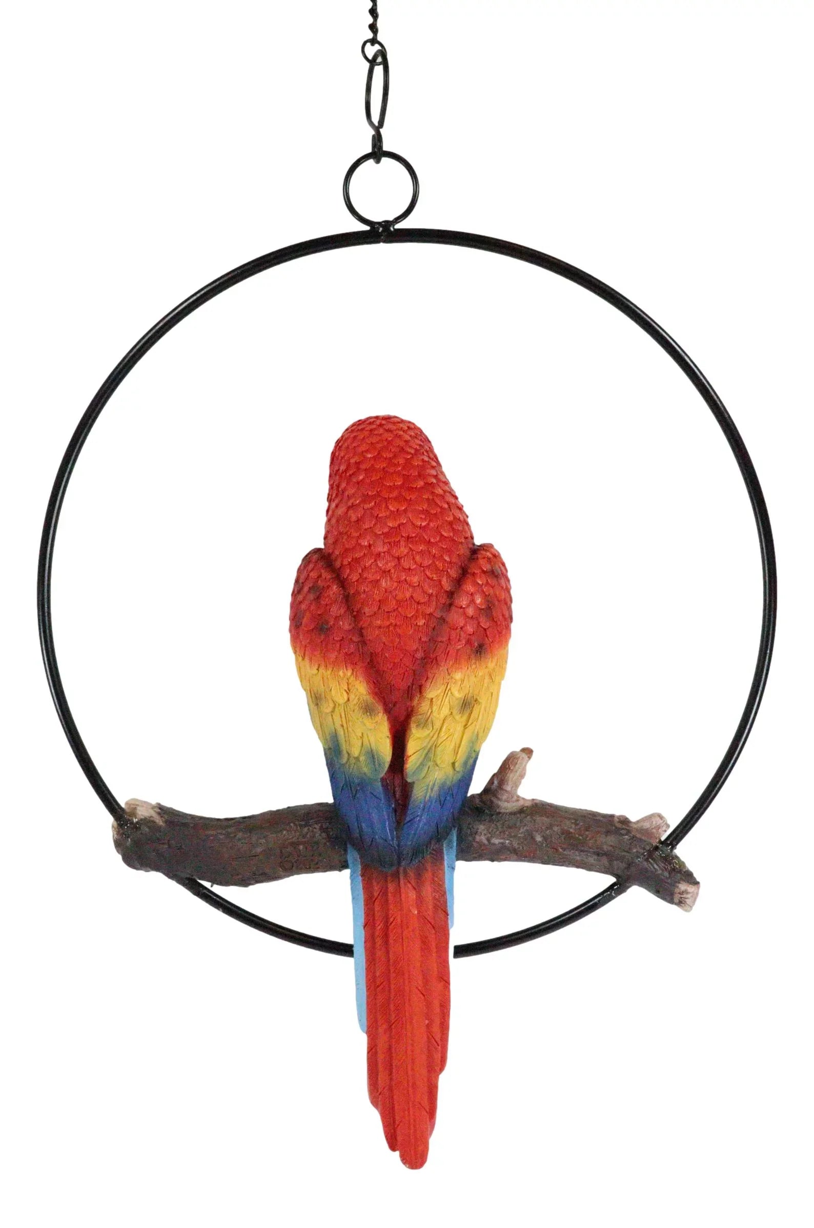 Ebros Hanging Scarlet Macaw Parrot Perching on Branch in Metal Round Ring 13.5"H