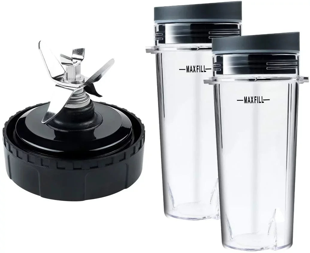 Enbizio Replacement Parts for Nutri Ninja Blender 6 Fins Blade Assembly and 2 Pack 16 oz Cup Set for BL770 BL780 BL660 (3.35 inch)