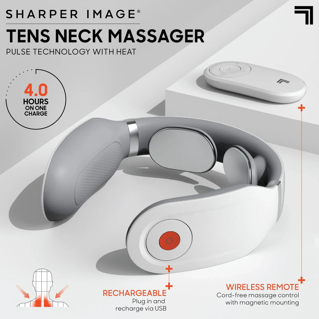 Sharper Image® Neck Tens Muscle Stimulator with Soothing Heat & Wireless Remote, Pain Relief Therapy With 3 Massage Modes & 15 Intensity Levels, USB Rechargeable, 4 Hour Battery Life