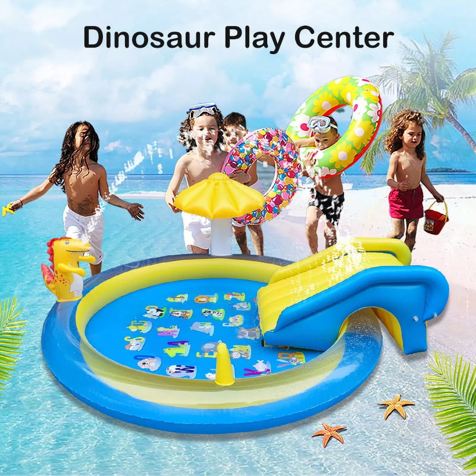 Sanmadrola Dinoland Inflatable Play Center Kiddie Pool with Slide for Age 2+ Kids Sprinkle Wading Pool Cute Dinosaur Toddler Pools for Backyard Outdoor Indoor, 78 x 78 x 43 Inches, Blue and Yellow
